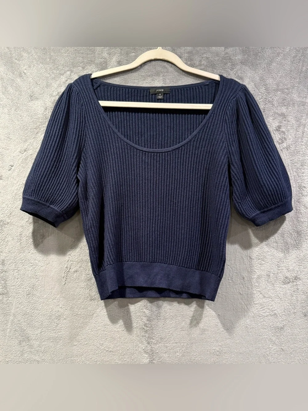 J. Crew Cashmere Blend Ribbed Scoop Neck Puff Sleeve Navy Sweater Top Size M
